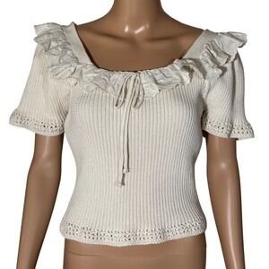 &merci Cream Ribbed Knit Ruffle Eyelet Top Short Sleeve MSW10777 Size Small